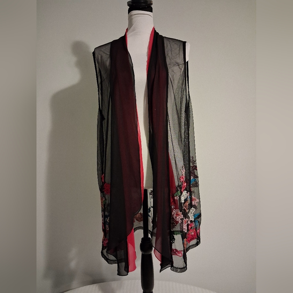 Sheer Black Floral Embroidered Vest Size Med